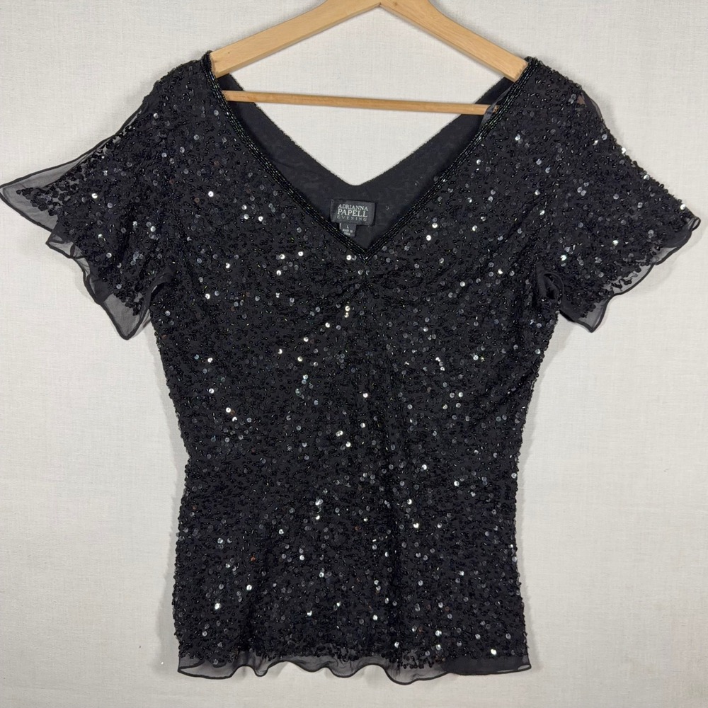 Adrianna Papell Blouse Womens L Silk Beaded Sequin Flutter Sleeve Formal Top EUC